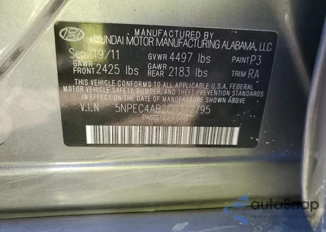 2012 Hyundai Sonata Se from USA, damaged, VIN 5NPEC4AB2CH377795